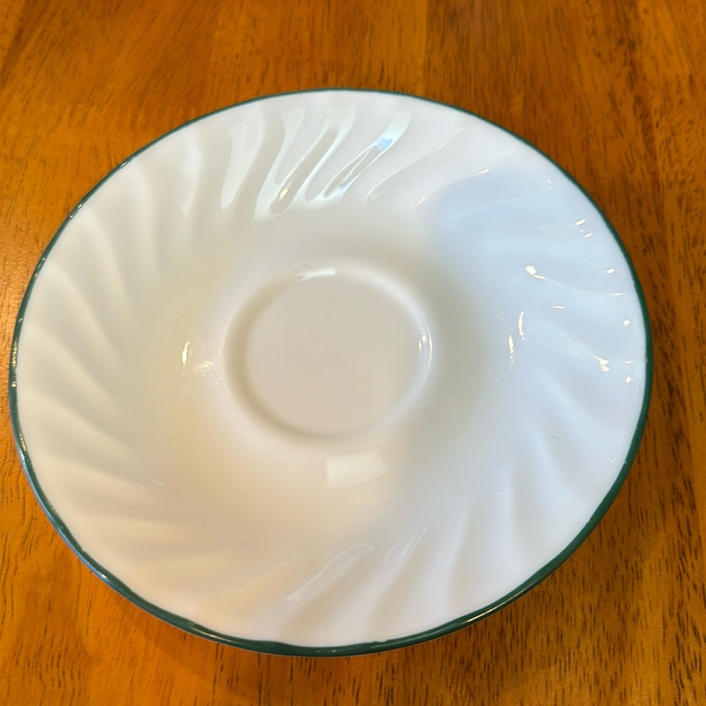 1-Corelle green rim saucer. No chips cracks or stains.